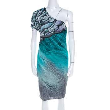 Pre Owned Roberto Cavalli Green Feather Print Asymmetric Sleeve Draped Sheath Dress M