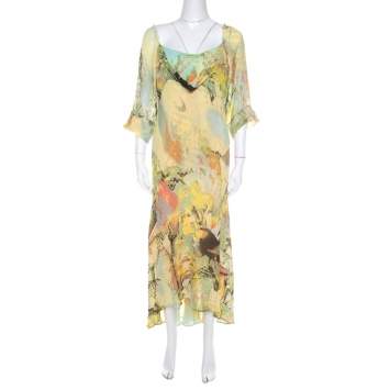 Pre Owned Roberto Cavalli Yellow Abstract Print Draped Neck Maxi Dress XL