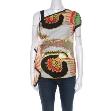 مملوكة مسبقًا Roberto Cavalli Multicolor Abstract Printed Silk Asymmetrical Shoulder Detail Top S