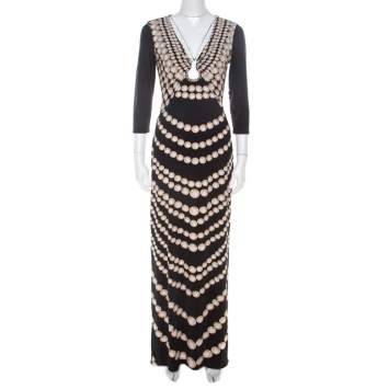 Pre Owned Roberto Cavalli Black Coin Printed Jersey Neck Detail Maxi Dress M