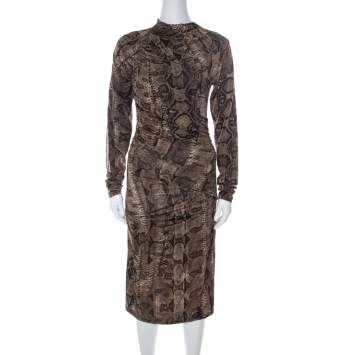 Pre Owned Roberto Cavalli Brown Snake Printed Jersey Ruched Detail Dress S