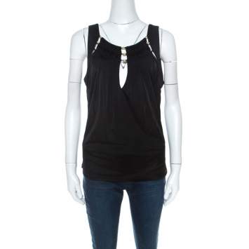 Pre Owned Roberto Cavalli Black Jersey Gold Serpent Embellished Cutout Top M 