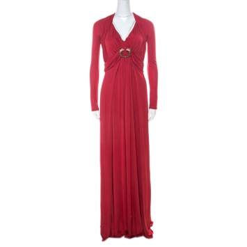 Pre Owned Roberto Cavalli Red Stretch Jersey Long Sleeve Maxi Dress S 