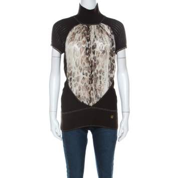 Pre Owned Roberto Cavalli Brown Ribbed Knit Wool Printed Silk Insert Turtleneck Top M