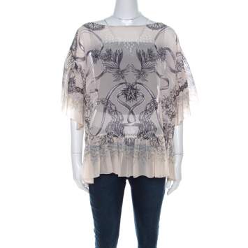 Pre Owned Roberto Cavalli Cream and Brown Silk Chiffon Botanical Print Top M 