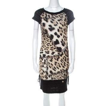 Pre Owned Roberto Cavalli Black and Brown Leopard Printed Jersey and Knit Short Dress S 