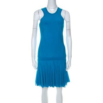 Pre Owned Roberto Cavalli Bright Blue Knit Sleeveless Ruffle Hem Detail Short Dress M 