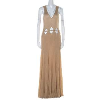 Pre Owned Roberto Cavalli Gold Rib Lurex Knit Waist Cut Out Detail Evening Dress M 