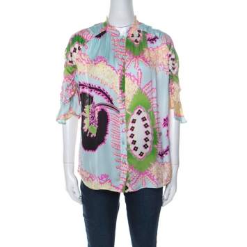 Pre Owned Roberto Cavalli Multicolor Abstract Printed Silk Ruffle Sleeve Blouse M  