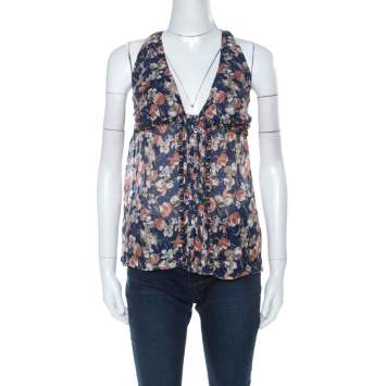 Pre Owned Roberto Cavalli Blue Floral Print Silk Halter Blouse S