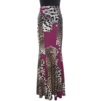 Pre Owned Roberto Cavalli Brown and Fuschia Animal Printed Jersey Maxi Skirt M