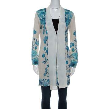 Pre Owned Roberto Cavalli Off-White Underwater Print Wool Blend Cardigan M