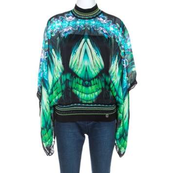 Pre Owned Roberto Cavalli Green Printed Silk Knit Trim Detail Batwing Top S