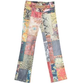Pre Owned Roberto Cavalli Multicolor Patchwork Print Belted Boot Cut Jeans XS
