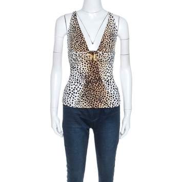 Pre Owned Roberto Cavalli Beige Leopard Print Stretch Ruched Detail Sleeveless Top XS