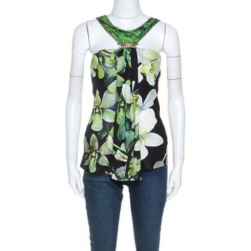 Pre Owned Roberto Cavalli Black Floral Printed Knit Brooch Detail Top S