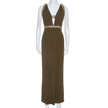 Pre Owned Roberto Cavalli Olive Green Crepe Sequin Trim Maxi Dress M