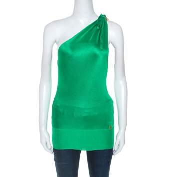Pre Owned Roberto Cavalli Green Knit Brooch Detail One Shoulder Top S