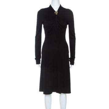 Pre Owned Roberto Cavalli Black Knit Serpent Brooch Detail Long Sleeve Dress S