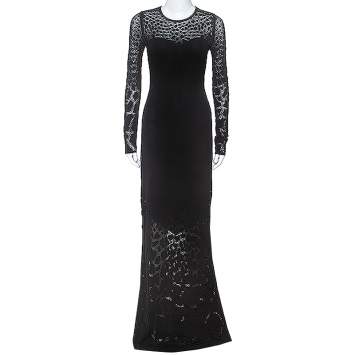 Pre Owned Roberto Cavalli Black Stretch Knit Sheer Detail Long Sleeve Maxi Dress S
