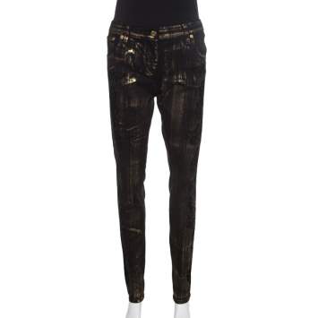 Pre Owned Roberto Cavalli Black Metallic Detail Flock Print Denim Straight Fit Jeans L