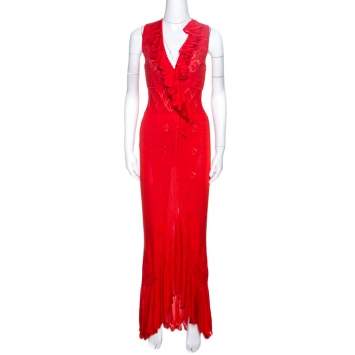Pre Owned Roberto Cavalli Red Pointelle Knit Ruffle Trim Maxi Dress S