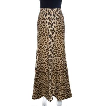 Pre Owned Roberto Cavalli Brown Leopard Print Cotton Maxi Skirt M