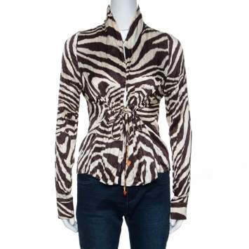Pre Owned Roberto Cavalli Brown Animal Print Silk Waist Tie Detail Blouse L 