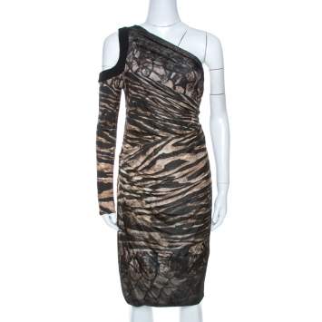 Pre Owned Roberto Cavalli Black Printed Knit Draped One Shoulder Dress M