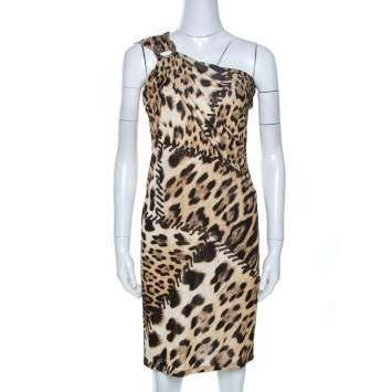 Pre Owned Roberto Cavalli Brown Animal Print Brooch Detail One Shoulder Dress M