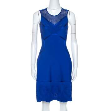 Pre Owned Roberto Cavalli Blue Embossed Jacquard Knit Fitted Dress S