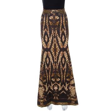 Pre Owned Roberto Cavalli Brown Print Cotton Belted Flared Maxi Skirt M