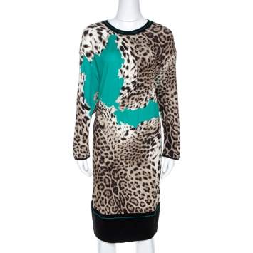 Pre Owned Roberto Cavalli Green Animal Print Knit Fitted Hem Dress M