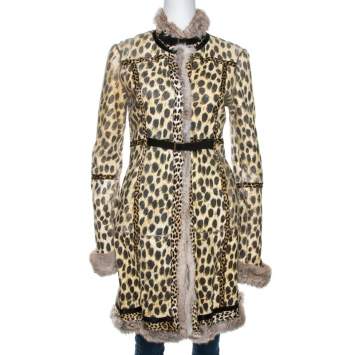 Pre Owned Roberto Cavalli Beige Rabbit Fur Belted Coat S
