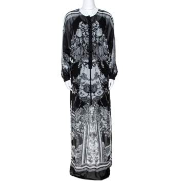 مملوكة مسبقًا Roberto Cavalli Monochrome Floral Print Silk Kaftan Tunic S