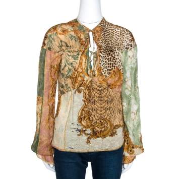Pre Owned Roberto Cavalli Brown Glitter Print Silk Neck Tie Detail Top L