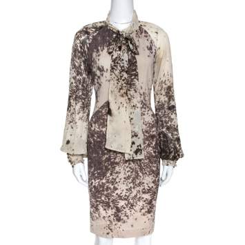 Pre Owned Roberto Cavalli Bicolor Printed Wool Neck Tie Detail Dress L
