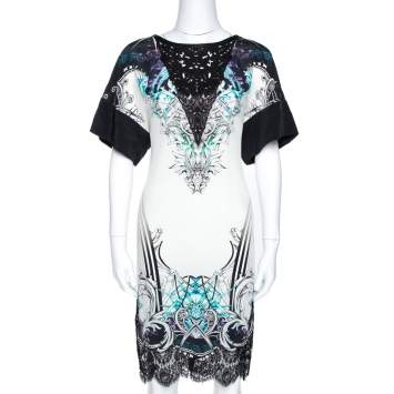 Pre Owned Roberto Cavalli White Printed Silk Laser Cut Detail Tunic Dress S
