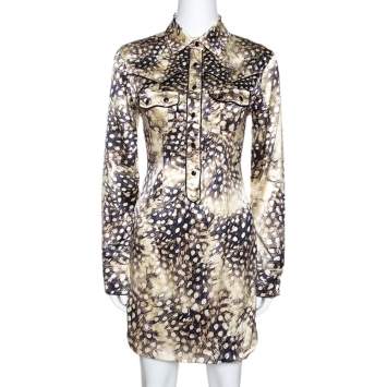 Pre Owned Roberto Cavalli Bicolor Animal Print Silk Shirt Dress S