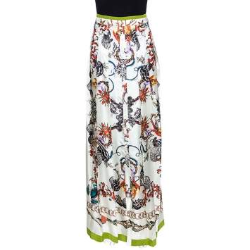 Pre Owned Roberto Cavalli Off White Printed Silk Button Front Long Skirt M