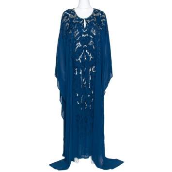 Pre Owned Roberto Cavalli Peacock Blue Silk Embellished Kaftan Dress L