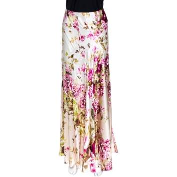 Pre Owned Roberto Cavalli Cream Floral Print Silk Satin Maxi Skirt L