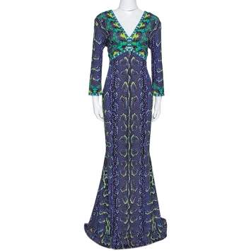 Pre Owned Roberto Cavalli Purple Snakeskin Print Stretch Jersey Maxi Dress L