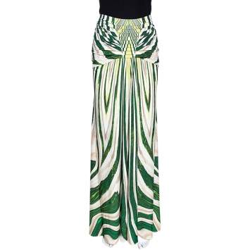 Pre Owned Roberto Cavalli Green Striped Print Jersey Pleated Detail Maxi Skirt L