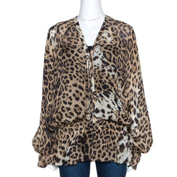 مملوكة مسبقًا Roberto Cavalli Brown Leopard Print Silk Tie Detail Sheer Top L