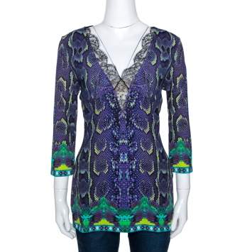 Pre Owned Roberto Cavalli Purple Snakeskin Print Jersey Lace Insert Top L