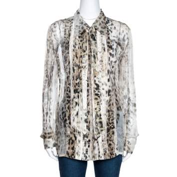 Pre Owned Roberto Cavalli Beige Animal Print Silk Pleated Sheer Shirt L