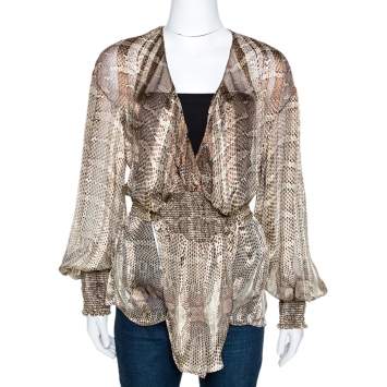 مملوكة مسبقًا Roberto Cavalli Brown Snakekskin Print Silk Smocked Sheer Blouse L