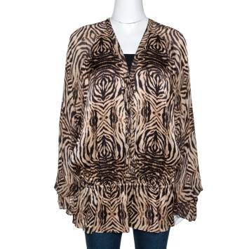 مملوكة مسبقًا Roberto Cavalli Beige & Black Animal Print Silk Lace Up Blouse L