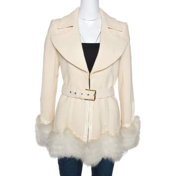 Pre Owned Roberto Cavalli Cream Wool Fox Fur Trim Belted Jacket M